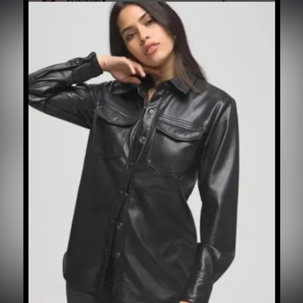 Good American Black Faux Leather Button-Up Shirt size 2